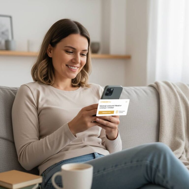 Egy mosolygós nő a kanapén ülve nézi a mobilján az ertekellek.hu-tól kapott egyszerű véleménykérő e-mailt