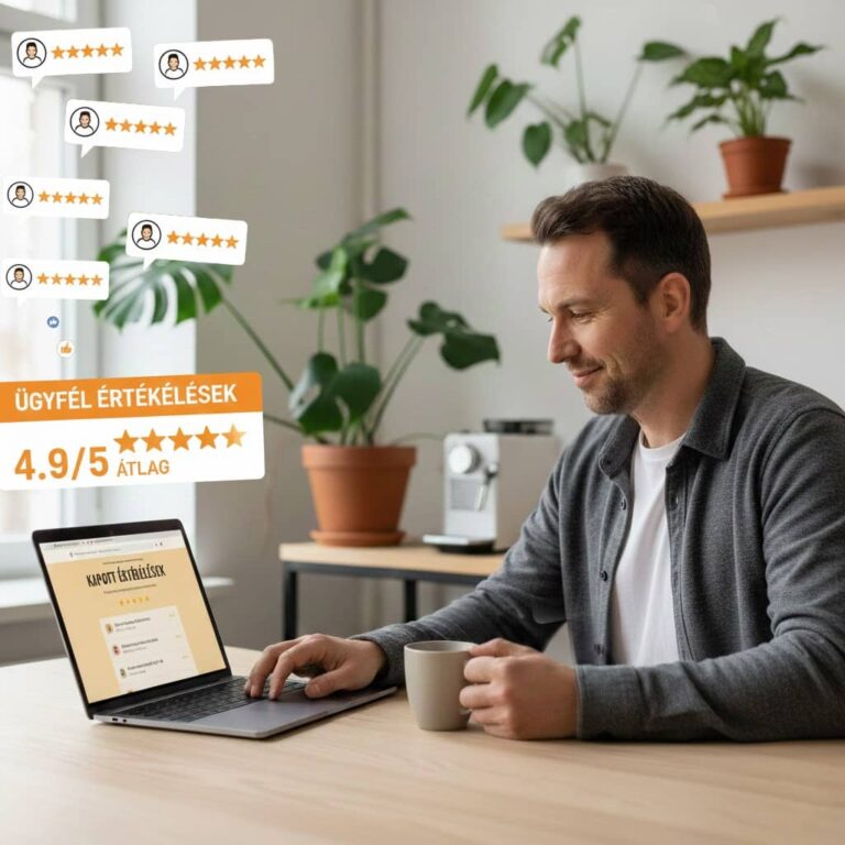 Modern, mosolygós vállalkozó a laptopja előtt, aki éppen egy ügyfél véleményét olvassa az ertekellek.hu platformon