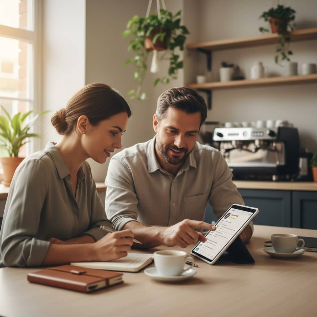 Egy vállalkozó és kollégája közösen elemzik a vásárlói véleményeket egy tableten, hogy javítsák a szolgáltatás minőségét.