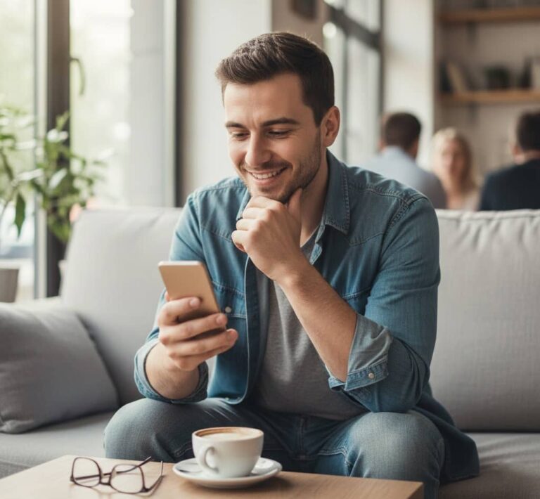 Fiatal férfi elégedetten nézi a telefonját egy kávézóban, miután megírta véleményét az ertekellek.hu-n